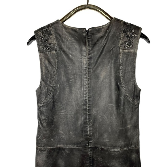 HUGO BOSS DISTRESSED LEATHER SLEEVELESS EMBROIDERED FITTED SHEATH MINI DRESS - Picture 8 of 15